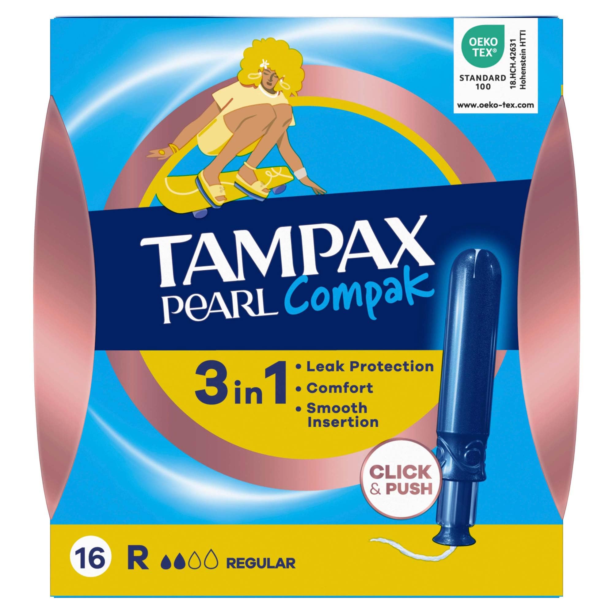 Tampax Pearl Compak Regular Tampons with Applicator X 16, Tampax’s N°1 Combination of Comfort, Protection and Discretion