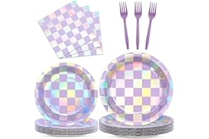 JUSTFORJOYFUL 96Pcs Iridescent Birthday Party Supplies Purple Checkered Paper Plates Napkins Holographic Party Tableware Set Sparkle Tableware for Birthday Baby Shower Bachelorette Decoration Serve 24