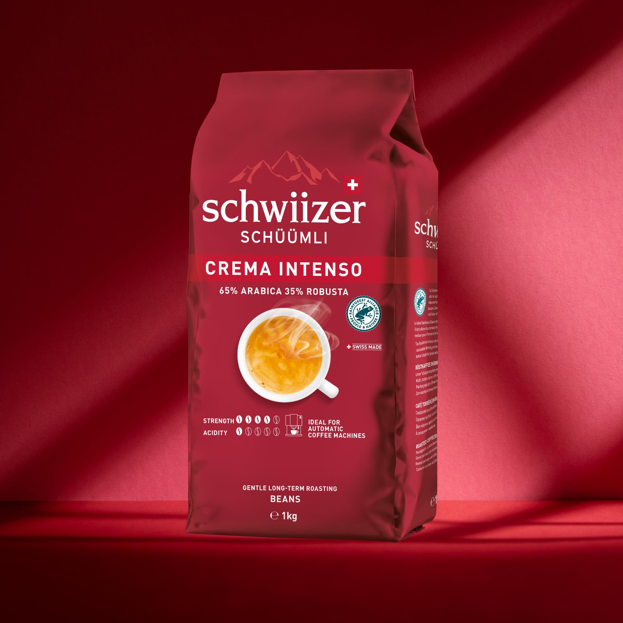 Schwiizer Schüümli Intenso, Arabica/Robusta Kaffeebohnen, charaktervoll-intensiv, ideal für Vollautomaten, Stärke 4/5, mittlere Röstung, Rainforest Alliance, 1kg 2