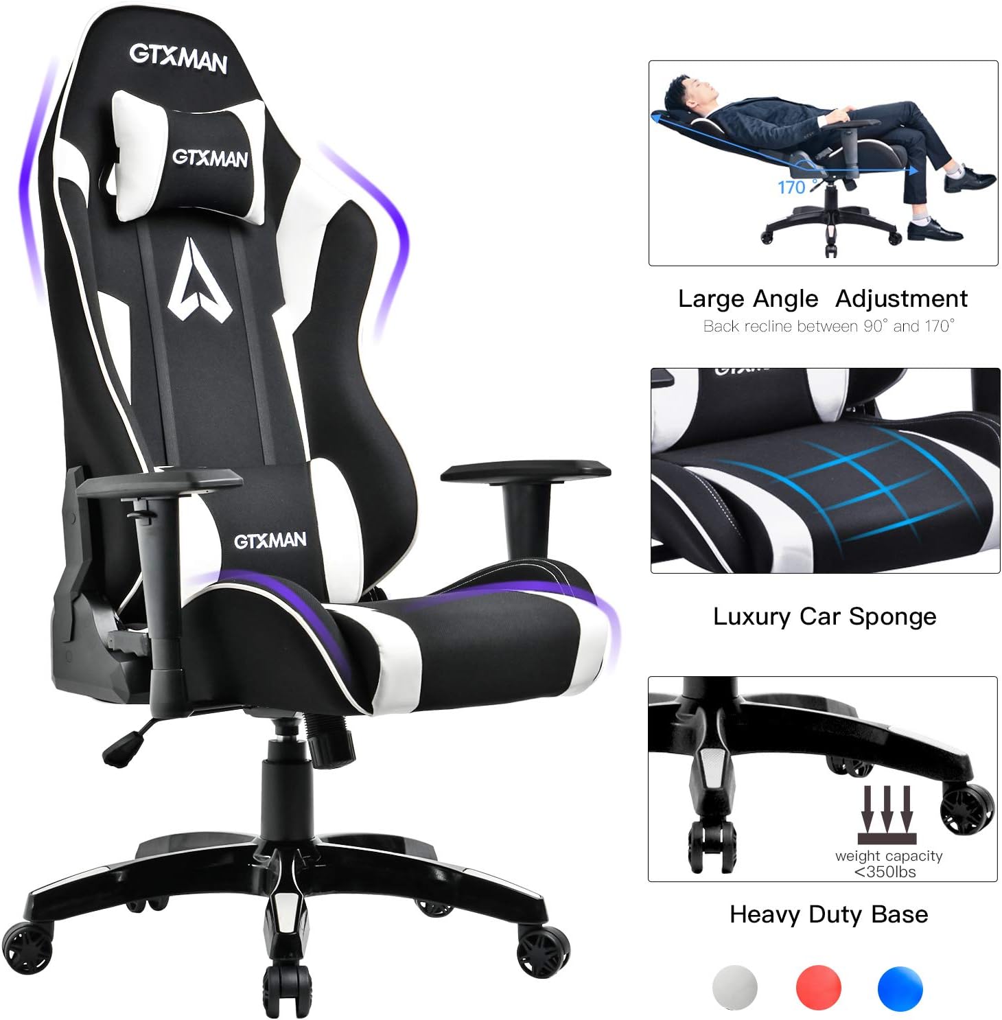 GTXMAN Gaming Chair Racing Style Office Chair Video Game Chair Breathable Mesh Chair Ergonomic Heavy Duty 350lbs Esports Chair White