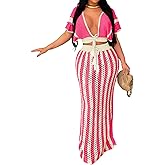 Angsuttc Skirt Sets Women 2 Piece Outfits Crochet Crop Tops and Striped Maxi Skirt Vacation Outfit