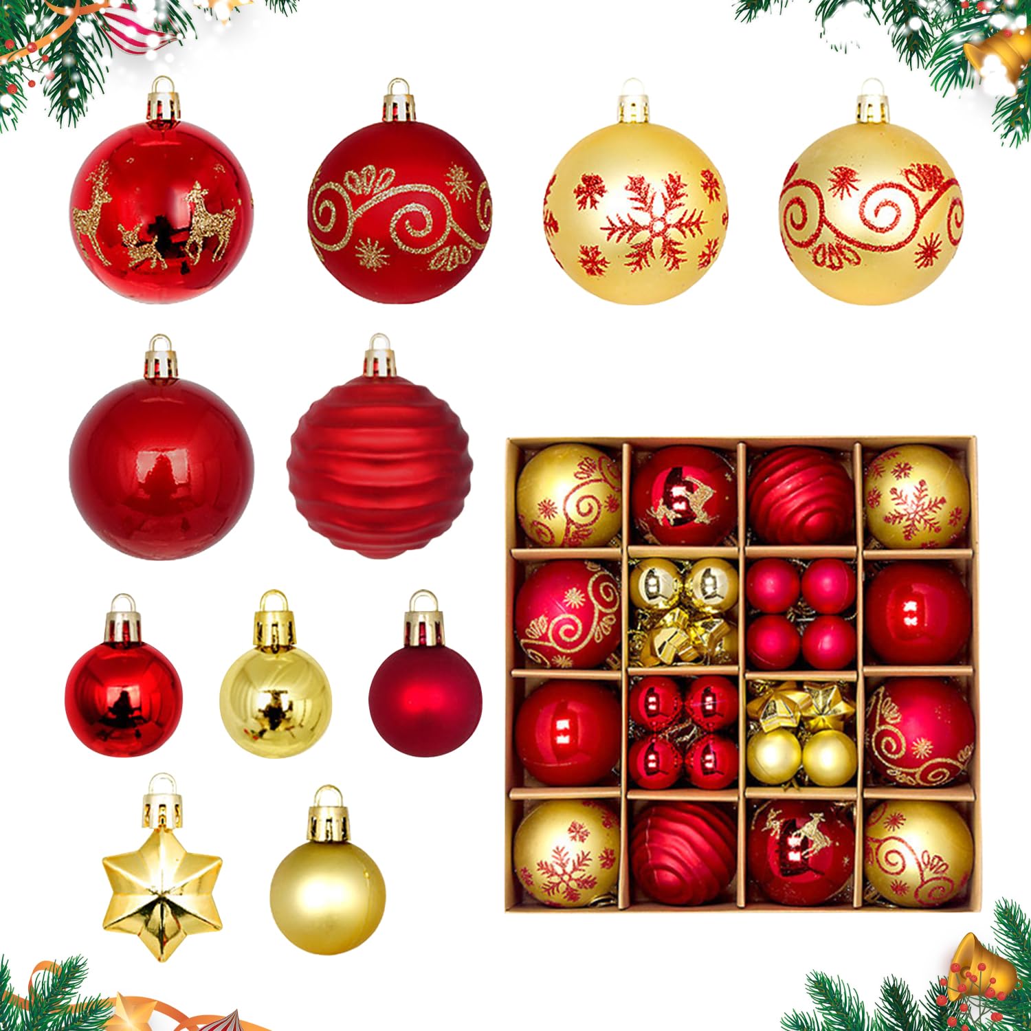 Christmas Tree Baubles, Red Gold Christmas Balls Ornaments for Christmas Tree Decorations Glitter Xmas Hanging Baubles Set for Xmas Holiday Wedding Party Home Decor Y7SDQLH
