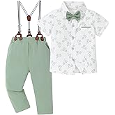 ZOEREA Boys Clothes Formal Suit Gentleman Wedding Outfit Short Sleeve Shirt with Bow Tie and Suspender Pants 2-10 Years