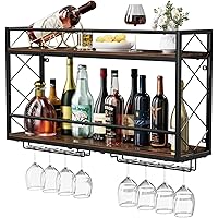NEYCIL Wine Rack Wall Mount 2 Tier Wall Wine Rack with Glass Holder, Anti-Drop Crossbar, 31.5 Inch Metal Wine Rack for Home K