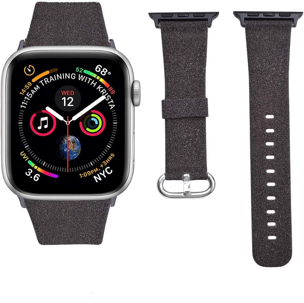 iiteeology Compatible with Apple Watch Band Women Girls, Genuine Leather Sparkly Bling Glitter iWatch Band for Apple Watch SE Series 7 6 5 4 3 2 1, 42mm/44mm/45mm Black Band+ Black Connector
