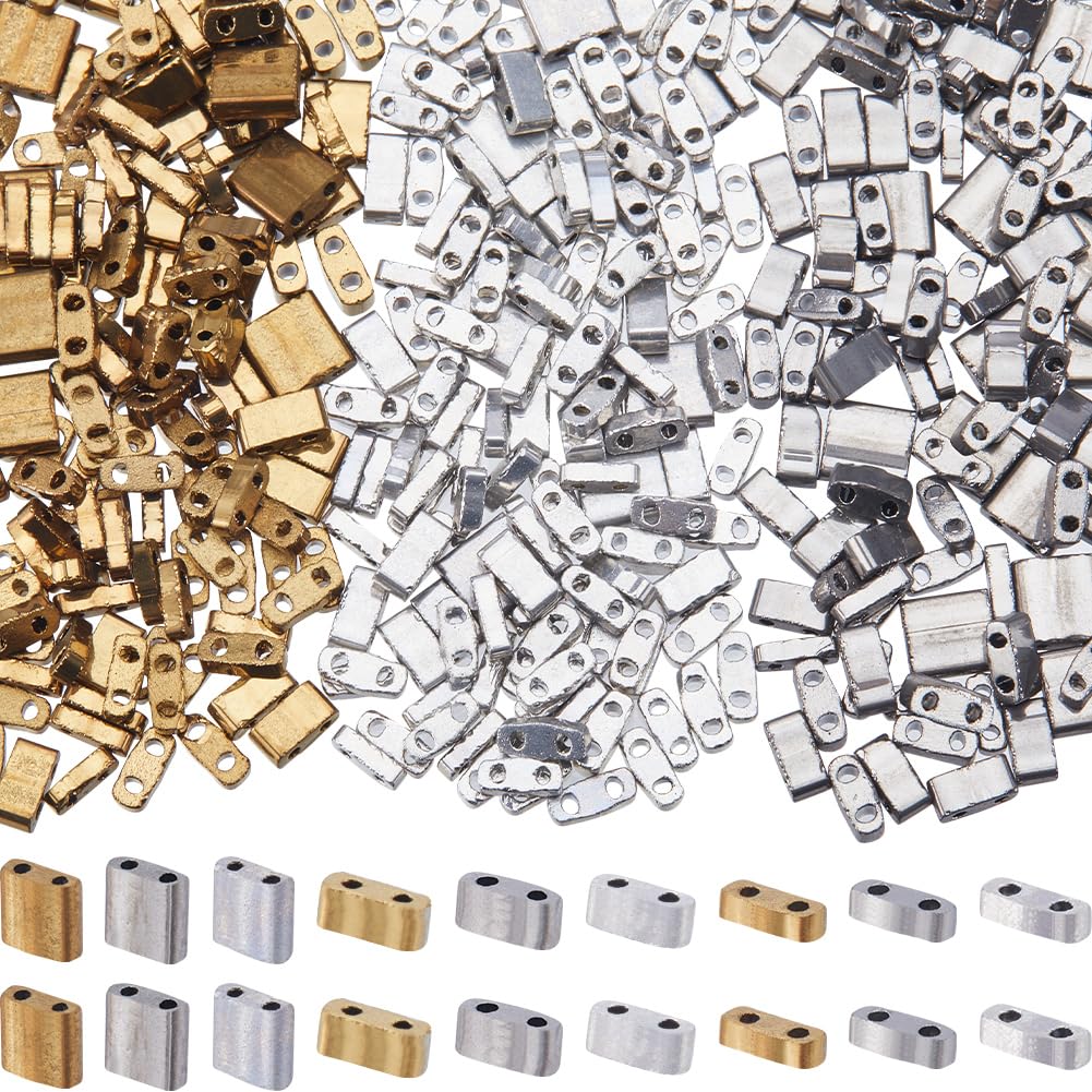 CREATCABIN 600Pcs 2 Hole Tila Beads 9 Styles Half Glass Seed Beads Bulk Rectangle Mix Metallic Color Mini Opaque Square Flat Loose Spacer for Craft Bracelet Necklaces Earrings Jewelry Making