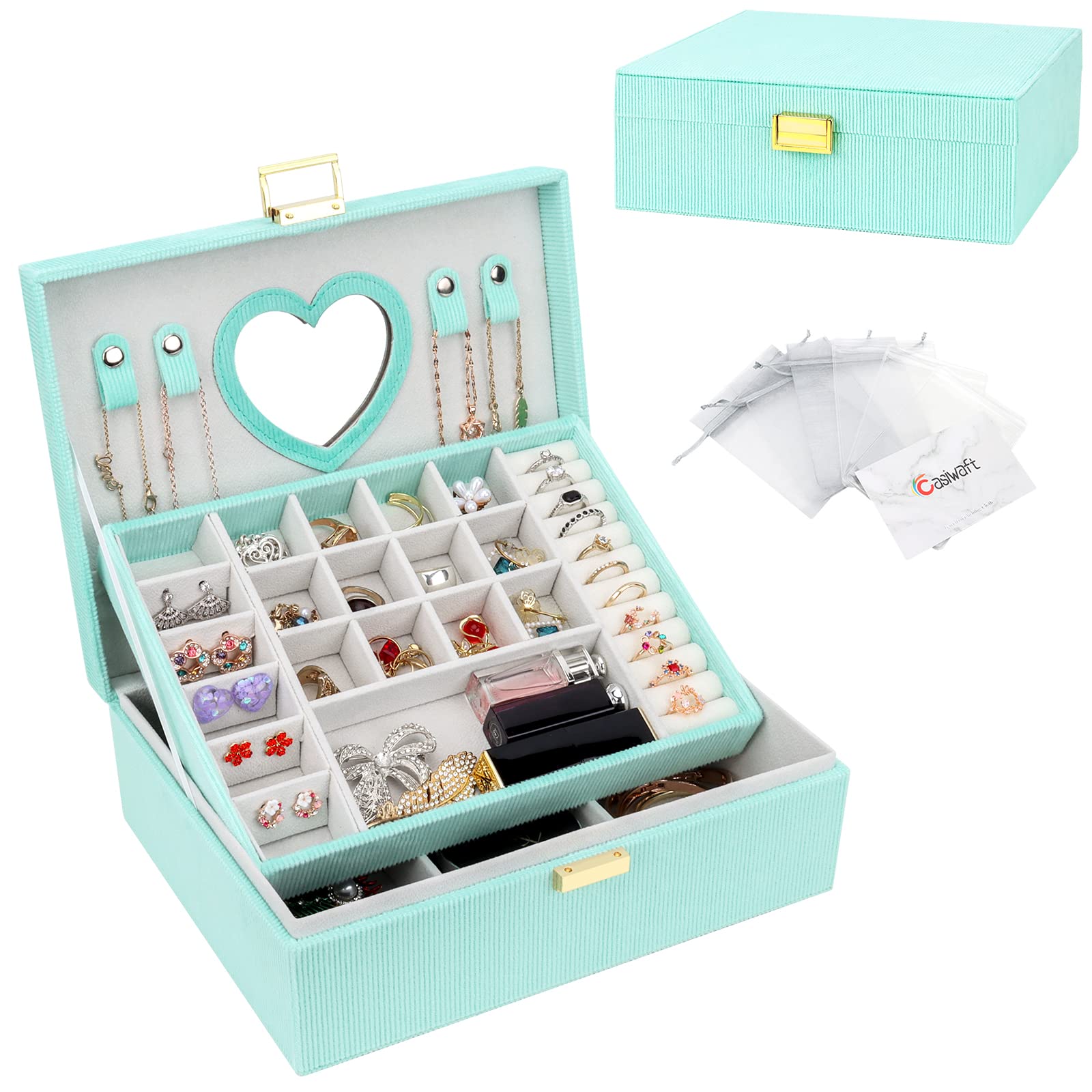 Jewellery Box Organiser, 2 Layers Velvet Jewellery Storage Case with Mirror, Large Removable Compartment Jewelry Organiser for Rings Earrings Bracelets Necklaces, Mint Green
