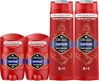 Old spice captain men's body wash & shampoo value pack, sabonete 3 em 1, 2x400ml + desodorante stick masculino, 2x50ml