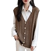 Ciovkis Women's Merino Wool Blend Sweater Vest 2025 Fall Winter Casual V Neck Cable Sleeveless Knit Cardigan with Button