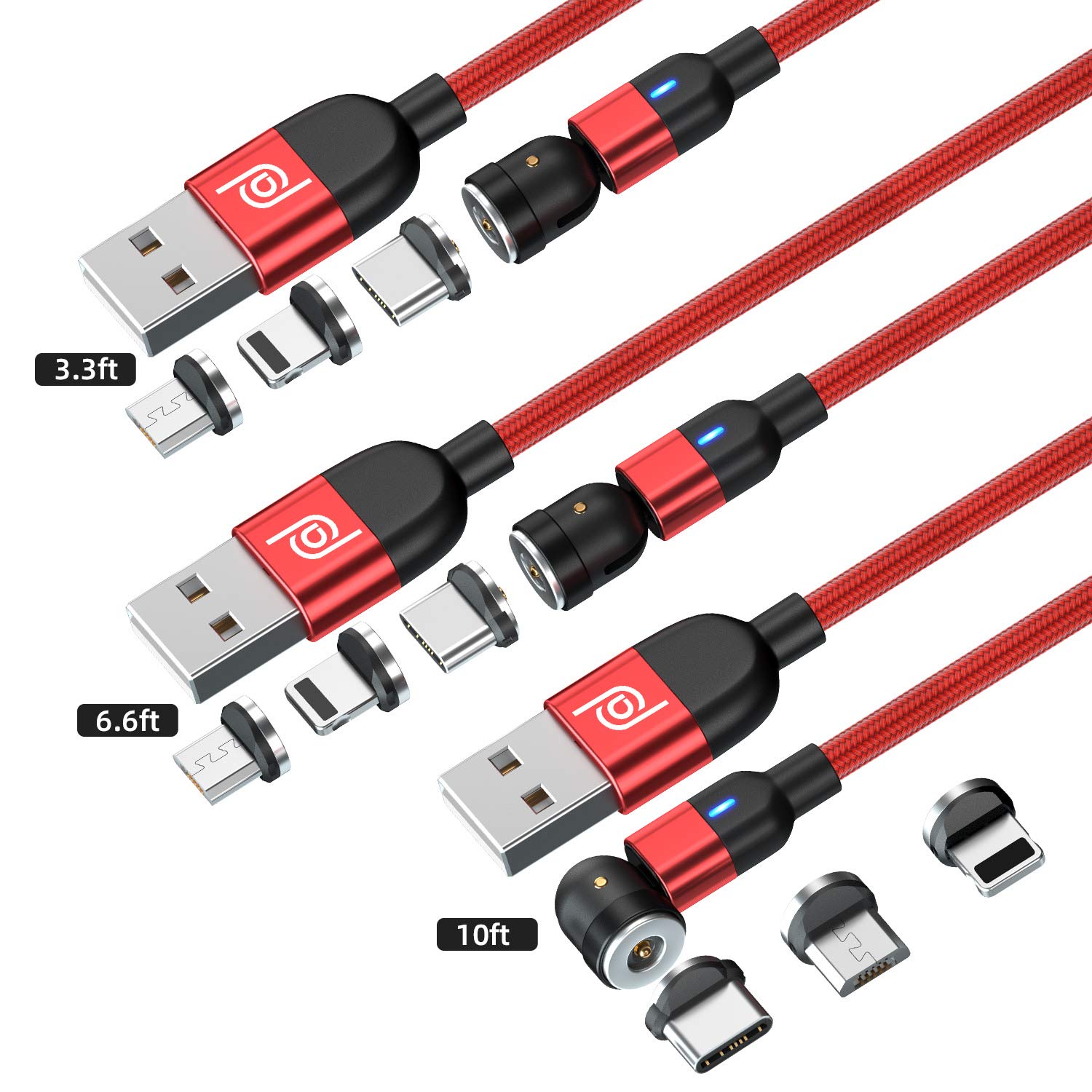 JJA Magnetic Charging Cable 3 in 1, (1m, 2m, 3m), 360° & 180° Rotation, Fast Phone Charger 2.4A, Nylon Braided Detachable, Data Transfer, for Micro USB, Type C, I-Connector, Pack of 3, Red