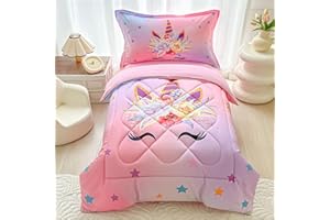 KINBEDY 4 Pieces Rainbow Unicorn Toddler Bedding Set Girls Pink Purple Floral Star Crib Sheets Set Cartoon Bed Comforter Set for Baby Kids | Include Comforter, Flat Sheet, Fitted Sheet, Pillowcase