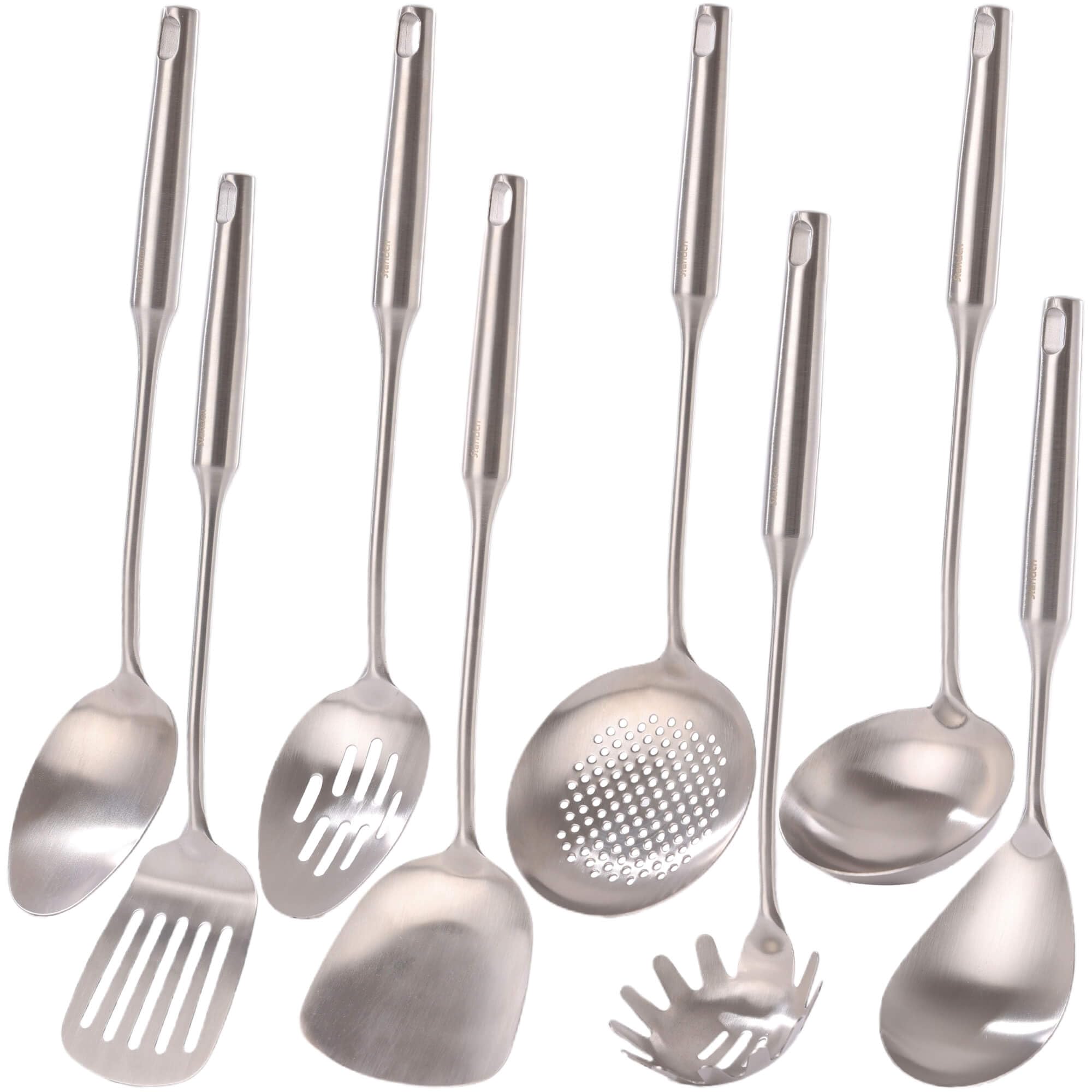 Photo 1 of 18/10 Stainless Steel Kitchen Utensils Set - 15” All Metal Cooking Tools & Serving Utensils, 8 PCS - Solid Spoon, Slotted Spoon, Spatula, Ladle, Skimmer, Tunner, Spaghetti Spoon, Large Spoon Set