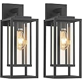 18" Outdoor Wall Light Fixtures Waterproofed Exterior Lantern W/Sturdy Rectangular Double Cage In Satin Black&Clear Tempered 