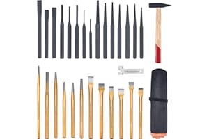 KOOPOOL 29-Piece Punch and Chisel Set with Cross Peen Hammer, Heavy Duty Punch and Chisel Set – Includes Cold Chisels, Taper Punches, Pin Punches, Center Punches & Roll-Up Pouch (29pcs)