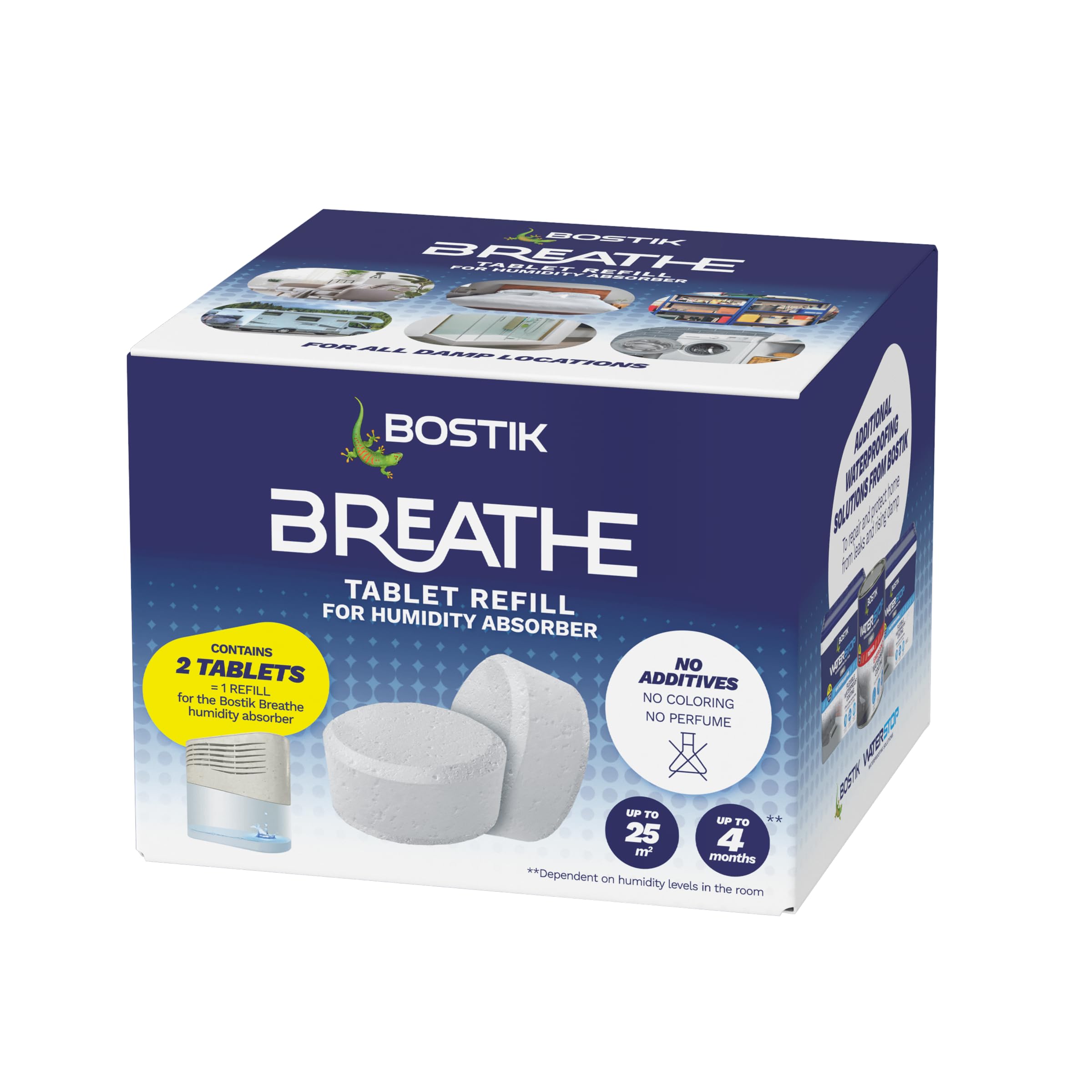 Bostik Breathe Dehumidifier Refill Tablets (Pack of 2) Dye-Free and Fragrance-Free - Cover Areas Up to 25m2 - For Use Around The Home and in Caravans and Motorhomes - Last up to 4 Months