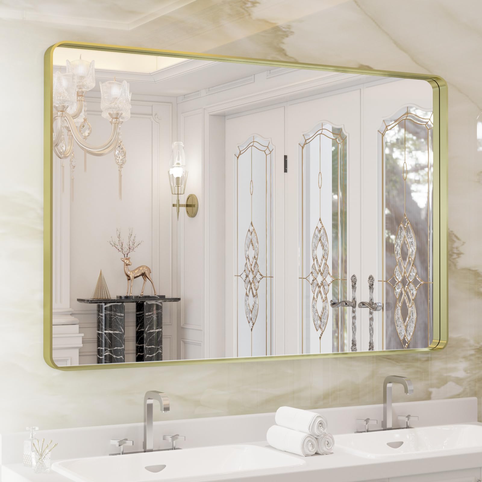 Photo 1 of WEER Gold Bathroom Mirror, 40X30 Inch Brushed Gold Metal Frame Mirror, Rounded Rectangle Gold Bathroom Vanity Mirror for Wall, Tempered Glass, Anti-Rust, Hangs Horizontally or Vertically