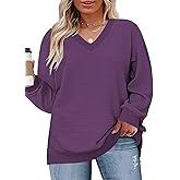 DOLNINE Plus-Size-Tops for Women Casual V Neck Pullover Cute Waffle Knit Lantern Sleeve Sweaters Fashion Side Split Tunics