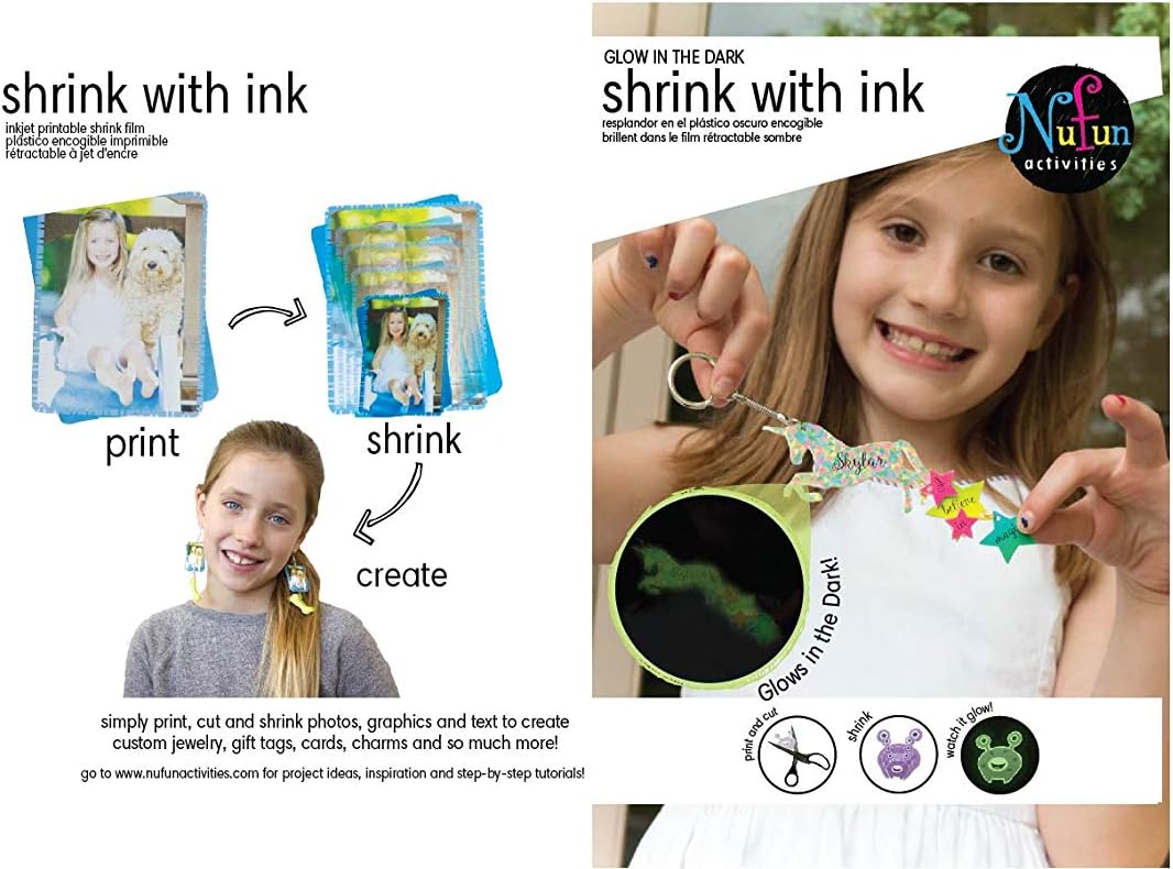 : NuFun Activities Inkjet Printable Shrink with Ink Standard White Paper and Glow-in-The-Dark Combo Pack