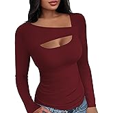 Buauty Womens Ribbed Long Sleeve Shirts Cutout Slim Fit Tee Trendy Sexy Top Fall Fashion 2025 Going Out Tshirts Y2K Clothes Red