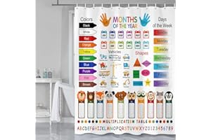 GRTUSPR Funny Kids Shower Curtain, ABC Educational Restroom Curtain with Vehicle Smathematical Knowledge for Boys Girls, Gute Pupil Students Learning Tools Cloth Fabric Bathroom Accessories Decor with Hooks
