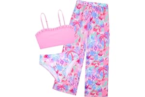 Vogseek 6-12T Girls 3 Pieces Bikini Bathing Suit with Rash Guard Pants Quick Dry Swimwear Cover-Up Sets