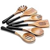 ROSOS Wooden Spoons For Cooking, 6 PCS Natural Acacia Wooden Cooking Utensils or Non-Stick Wooden Kitchen Utensil Set for Kitchen Essentials, Smooth Grip Wooden Spoons with Hanging Hole, Black