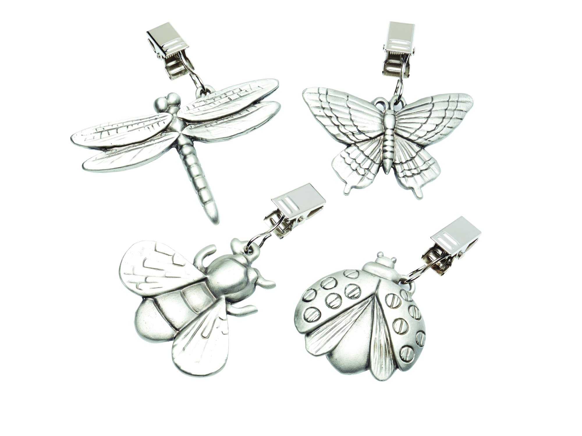 KitchenCraft Vintage-Style Heavy Pewter Tablecloth Weights with Clips - Assorted Insect Designs (Set of 4), Grey