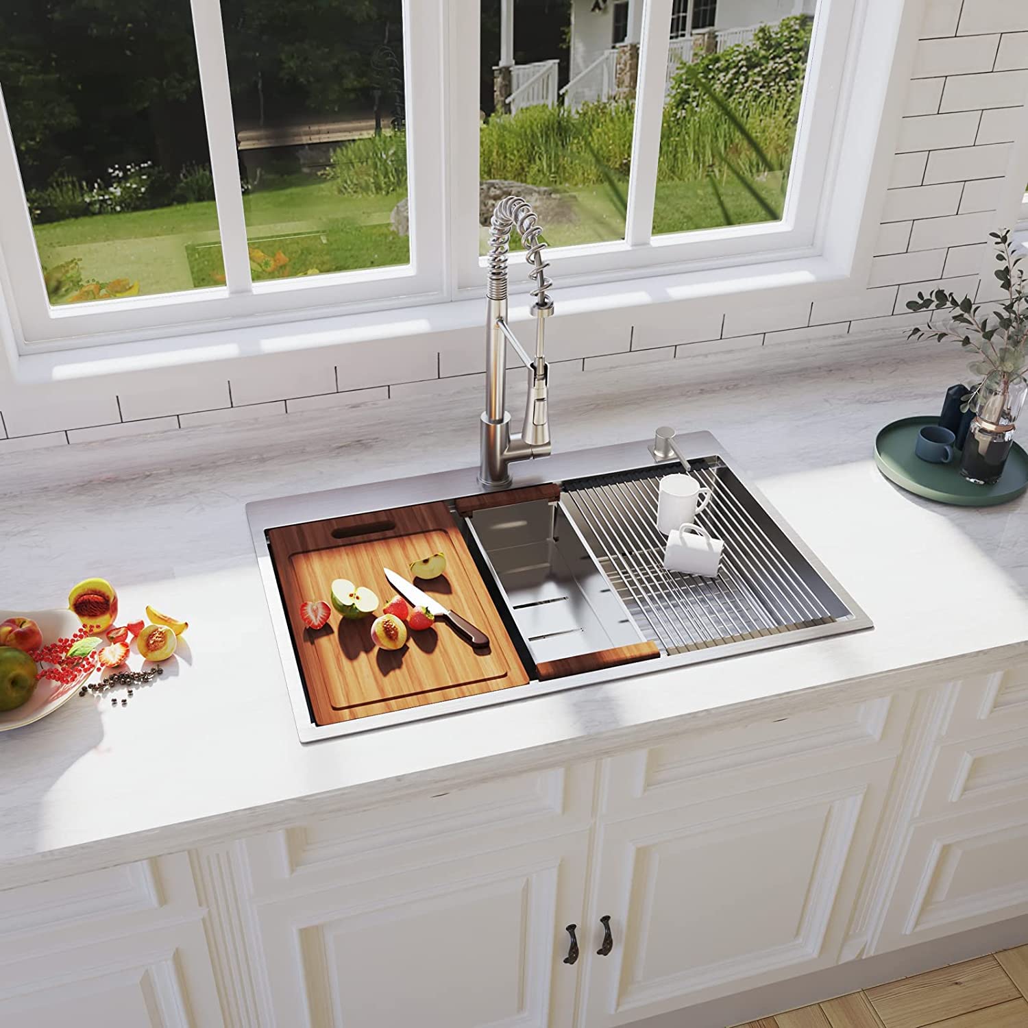 33 x 22 inch Drop In Kitchen Sink, HausinLuck SUS304 Stainless Steel Drop In Workstation Ledge Sinks Topmount Sink 18 Gauge, Handmade Over Counter Large Single Bowl Sink with Accessories (Pack of 5)