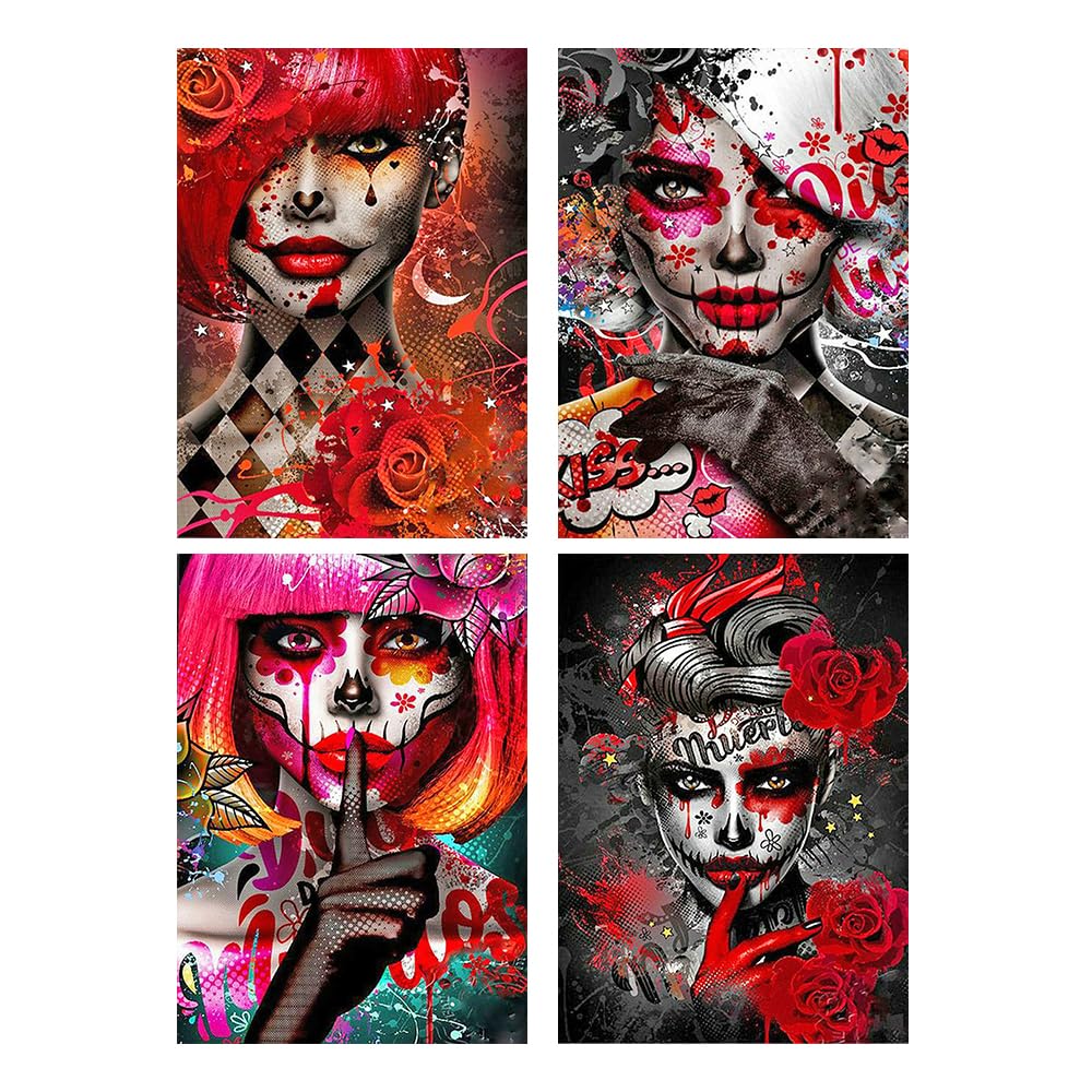 DCIDBEI Diamond Painting Kits, Set of 4 Adult Gothic Skull Woman 30 x 40 cm Diamond Painting Pictures