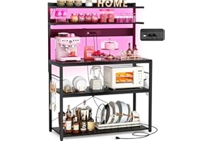 Bakers Rack with Power Outlet, Microwave Stand with LED Lights, 5-Tier Coffee Bar Cabinet with Storage, Kitchen Island Storag