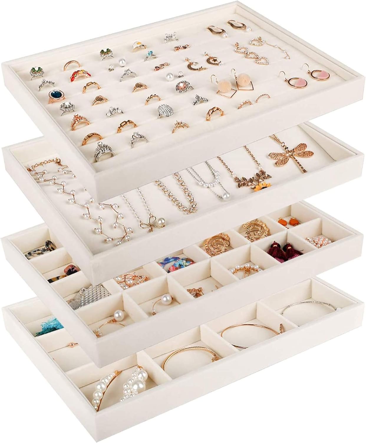 Mebbay Stackable Velvet Jewelry Trays Organizer, Jewelry Storage Display Trays for Drawer, Earring Necklace Bracelet Ring Organizer, Set of 4 (Warm White): Home Improvement