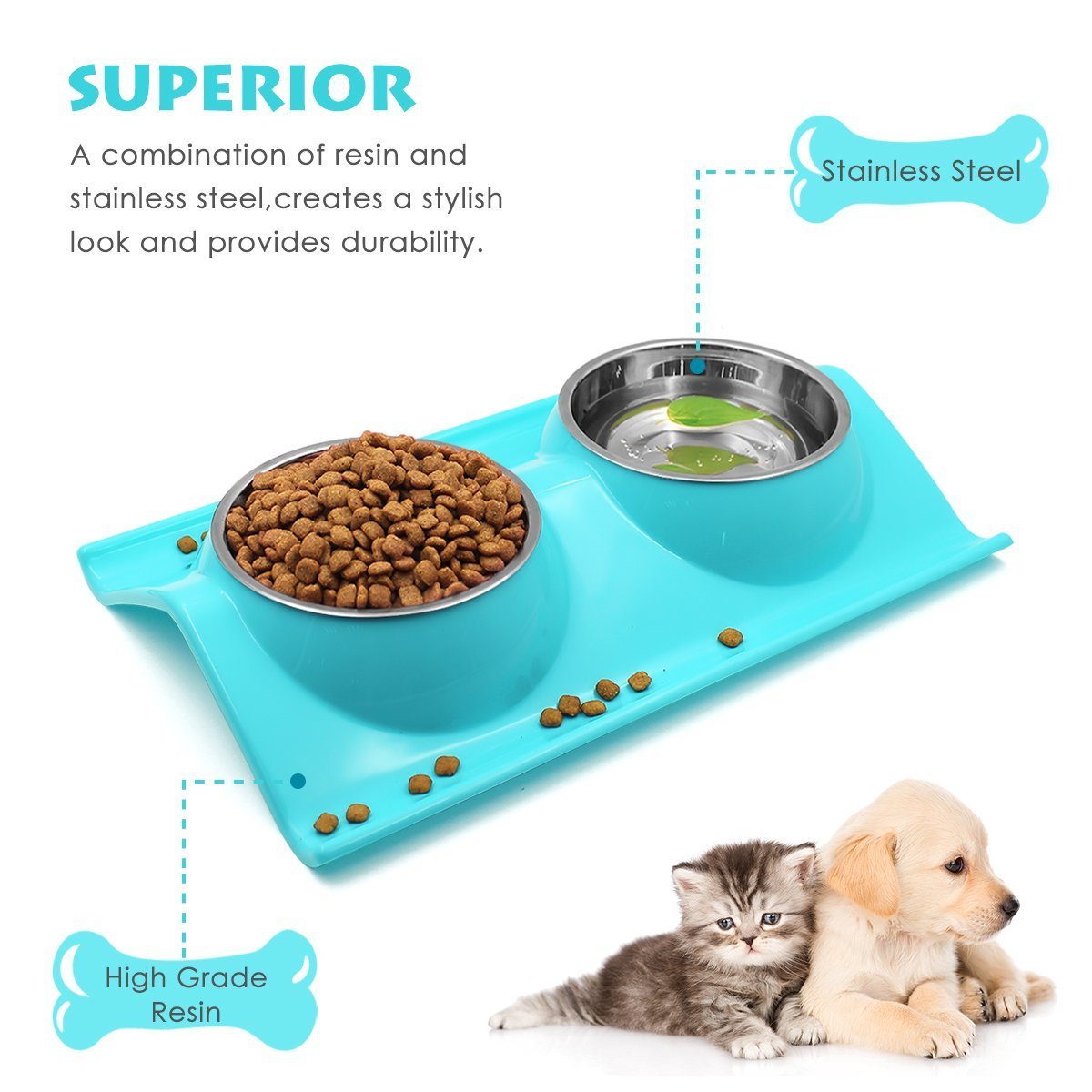 Pet Bowl Double Dog Cat Stainless Steel Bowls with No-Spill Non-Skid Mat