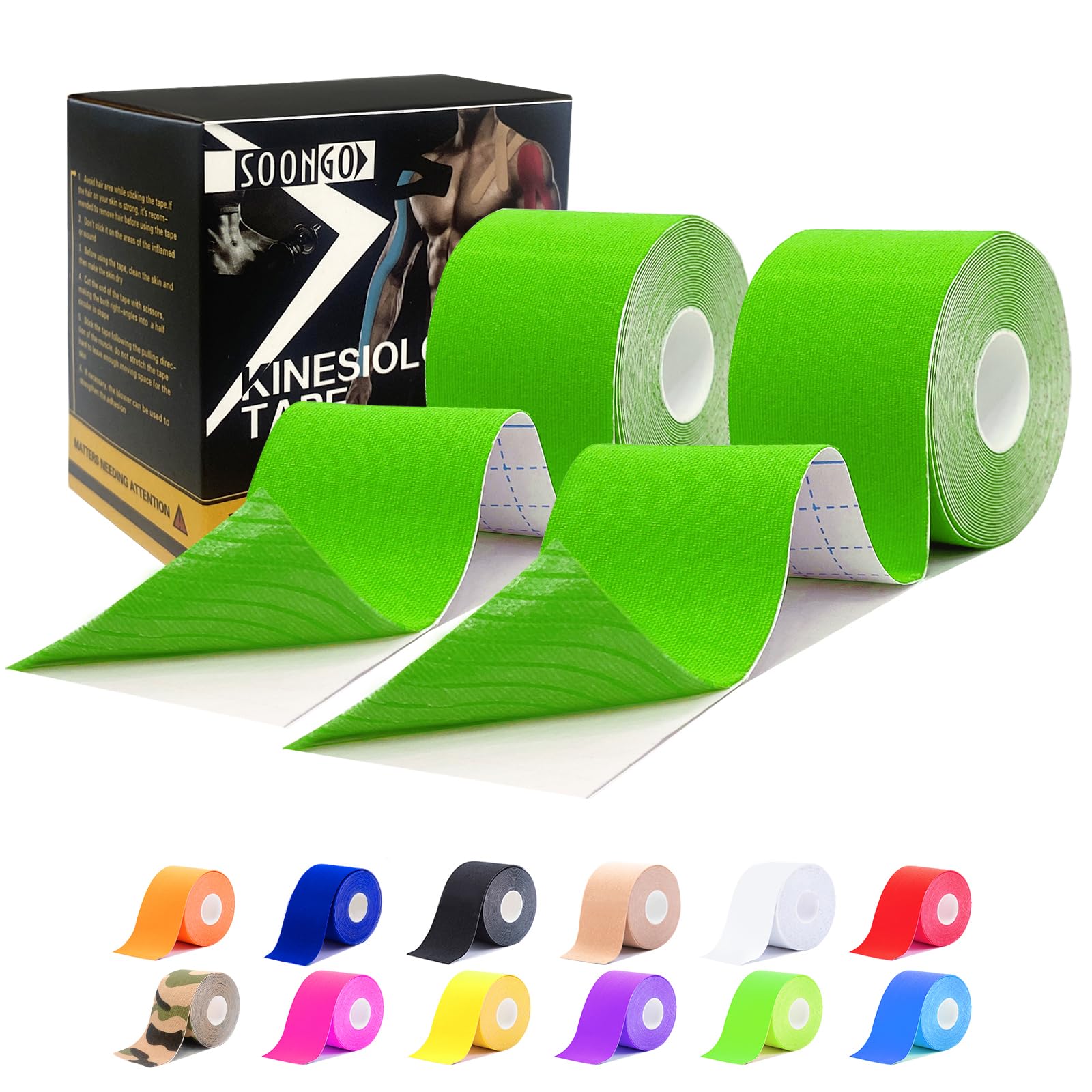 Kinesiology Tape Rock Tape 2 Rolls Relieve Muscle Soreness and Strain Shoulders Wrists Knees Ankles Elastic Waterproof Good Air Permeability Hypoallergenic Green 5cm*5m By SOONGO(Green)