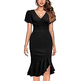 Knitee Women's Retro V Neck Ruffle Sleeves Evening Cocktail Slit Formal Dress