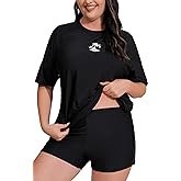 JOYBIK Women's Plus Size Short Sleeve Rash Guard with Built in Bra UPF50+ Swim Shirt and Shorts Two Piece Swimsuit