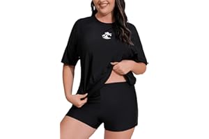 JOYBIK Women Plus Size Short Sleeve Rash Guard Sets with Built in Bra UPF50+ Swim Shirt and Shorts Two Piece Swimsuit