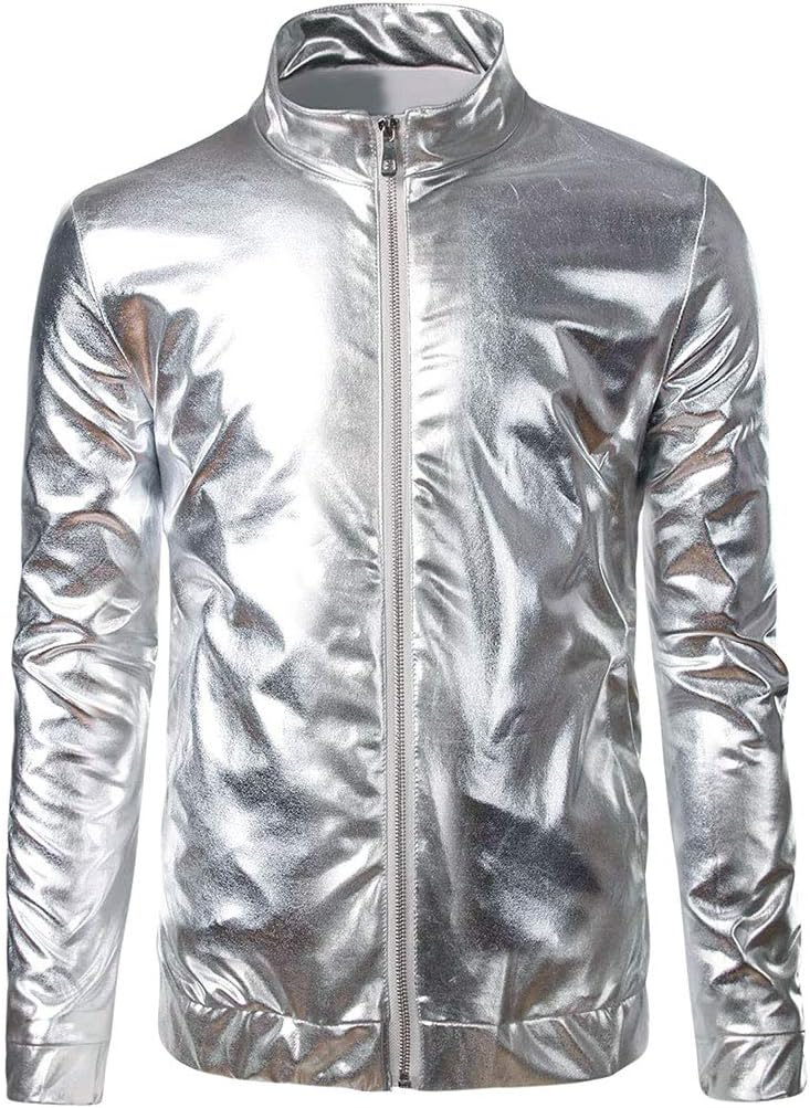 Men's Gold Zipper Jacket Hooded Metallic Hip Hop Nightclub Dancing Party Jackets