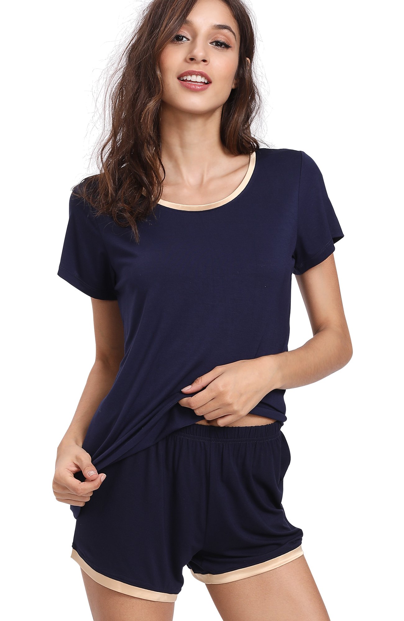 GYS Women's Bamboo Viscose Pajama Set - Short Sleeve V-Neck Top & Shorts (Large, Taro)