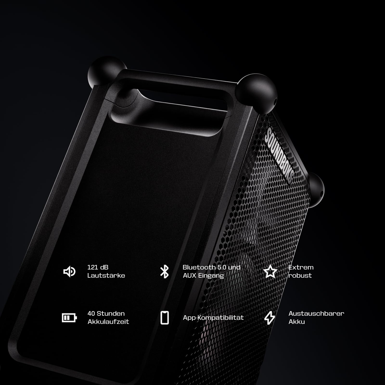 SOUNDBOKS Mix – Tragbarer Bluetooth-Lautsprecher – Robust & Wetterfest (IP65) – USB-C Akku – Extrem Laut – 121dB – Indoor & Outdoor Speaker – 40 Stunden Laufzeit – (Schwarz) 2