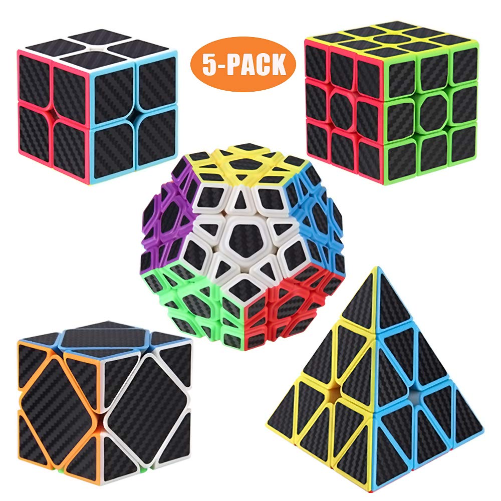 ROXENDA Speed Cube Set, 2x2 3x3 4x4 Pyramid Dodecahedron Cube - Magic Fast Cubes Collection for Kids & Adults [5 Pack](Carbon fiber) — image 1