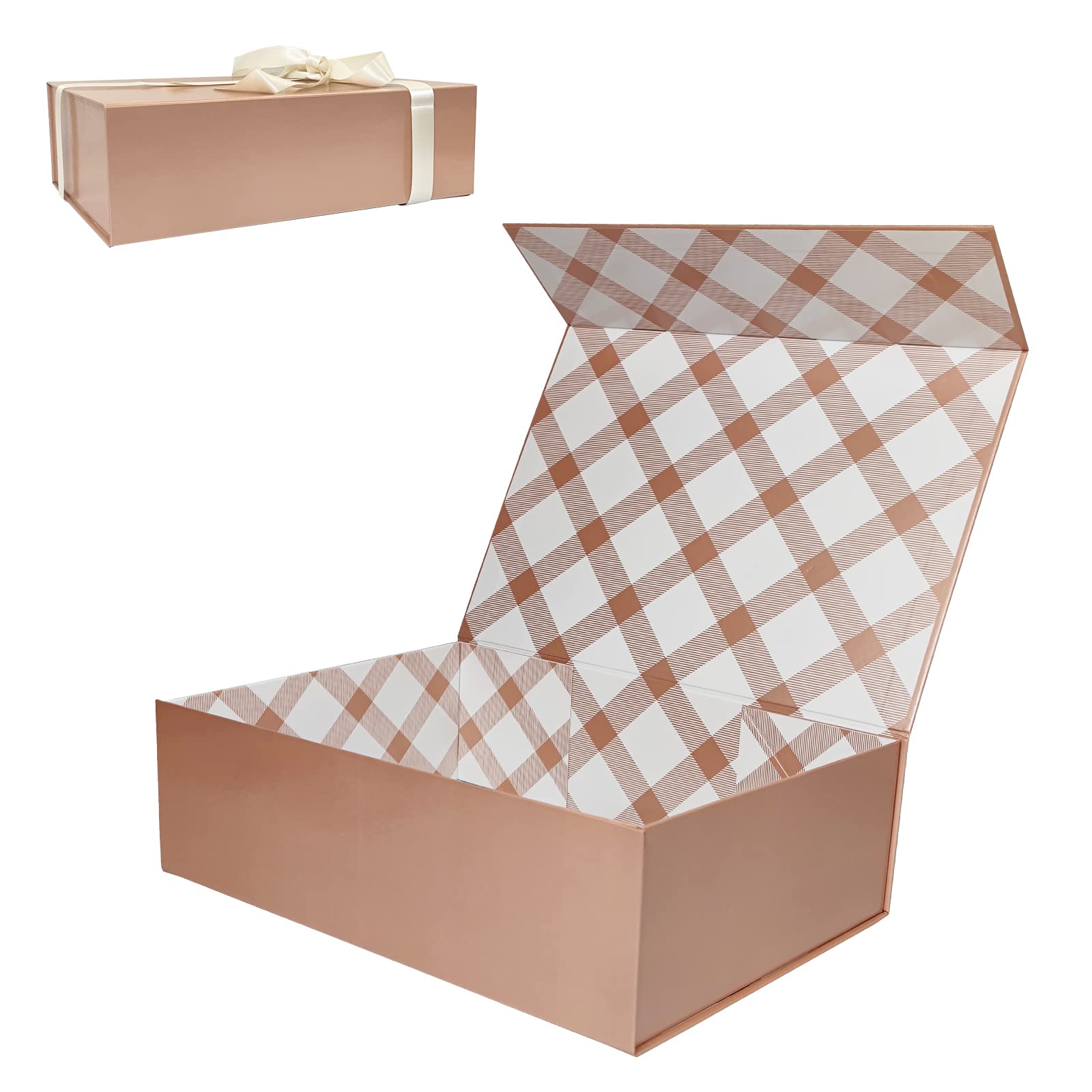 Tekhoho Rose Gold Large Gift Box 33x23.7x10 cm, Premium Present Box with Magnetic Lid and Ribbon for Holidays Wedding Birthday Gift Packaging, Plaid Lining