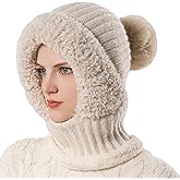 3 in 1 Beanie Hat for Women, Upgrade 3 in 1 Beanie Hat with Scarf and Mask, Fall Winter Warm Knitted Ski Scarf and Mask Set (Beige)