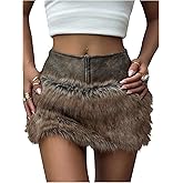 SHENHE Women's Faux Fur Skirt Y2k Low Rise PU Leather Concert Rave Furry Fuzzy Micro Mini Skirt
