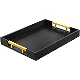 ATZYmolin Leather Serving Tray with Gold Polished Metal Handles, Home Decorative Wooden Rectangle Ottoman Decor Platter Bathroom Vanity Tray for All Occasions Black