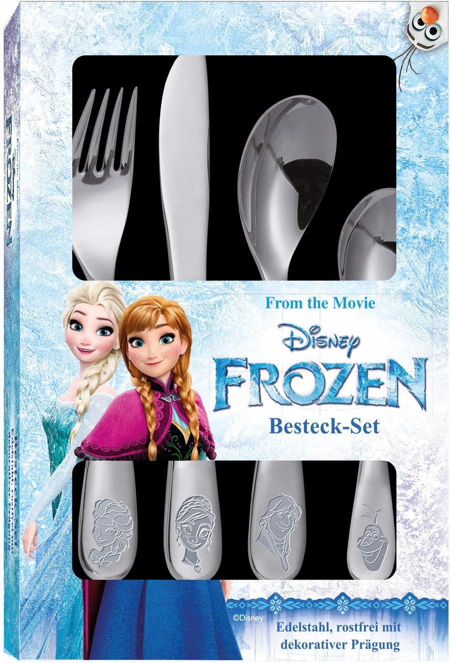 POS 25650 - Besteckset mit Disney Frozen Prägung, 4 teiliges Kinderbesteck aus rostfreiem Edelstahl, spülmaschinengeeignet, bestehend aus Messer, Gabel, großer und kleiner Löffel