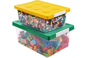 loobuu Plastic Storage Bins with Lids - Stackable Toy Storage Organizer Box Set of 2, Kids Toy Chests with Compatible Building Baseplate and Lid, Storage Container for Building Bricks - Yellow+Green