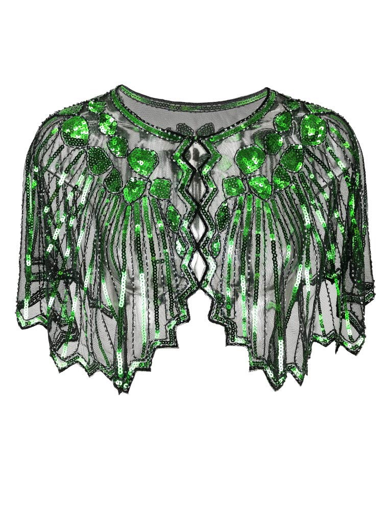 Grouptap 1920s green gatsby shawl bolero sequin cape shrug wrap for women ladies flapper art deco vintage dress costume (Green, One Size)
