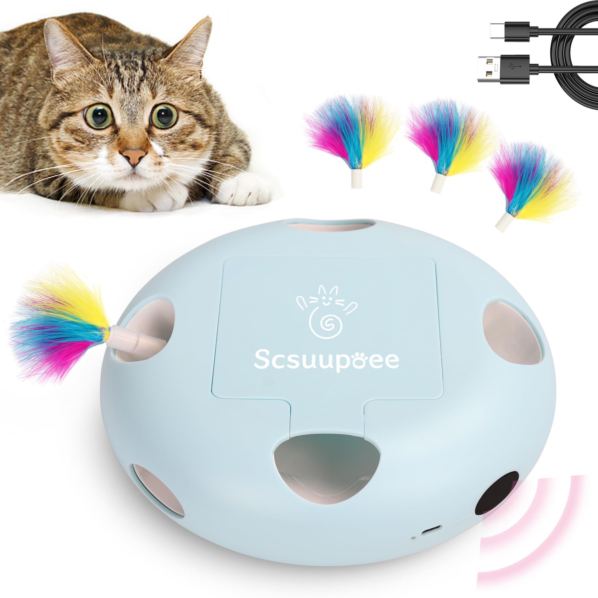 Photo 1 of Scsuupoee IInteractive Cat Toy, Electric Cat Toys for Moving Concealed Feathers, Smart Sensor 7 Holes Whack a Mole Feather Toy, USB Charge Automatic Kitten Toys,Blue