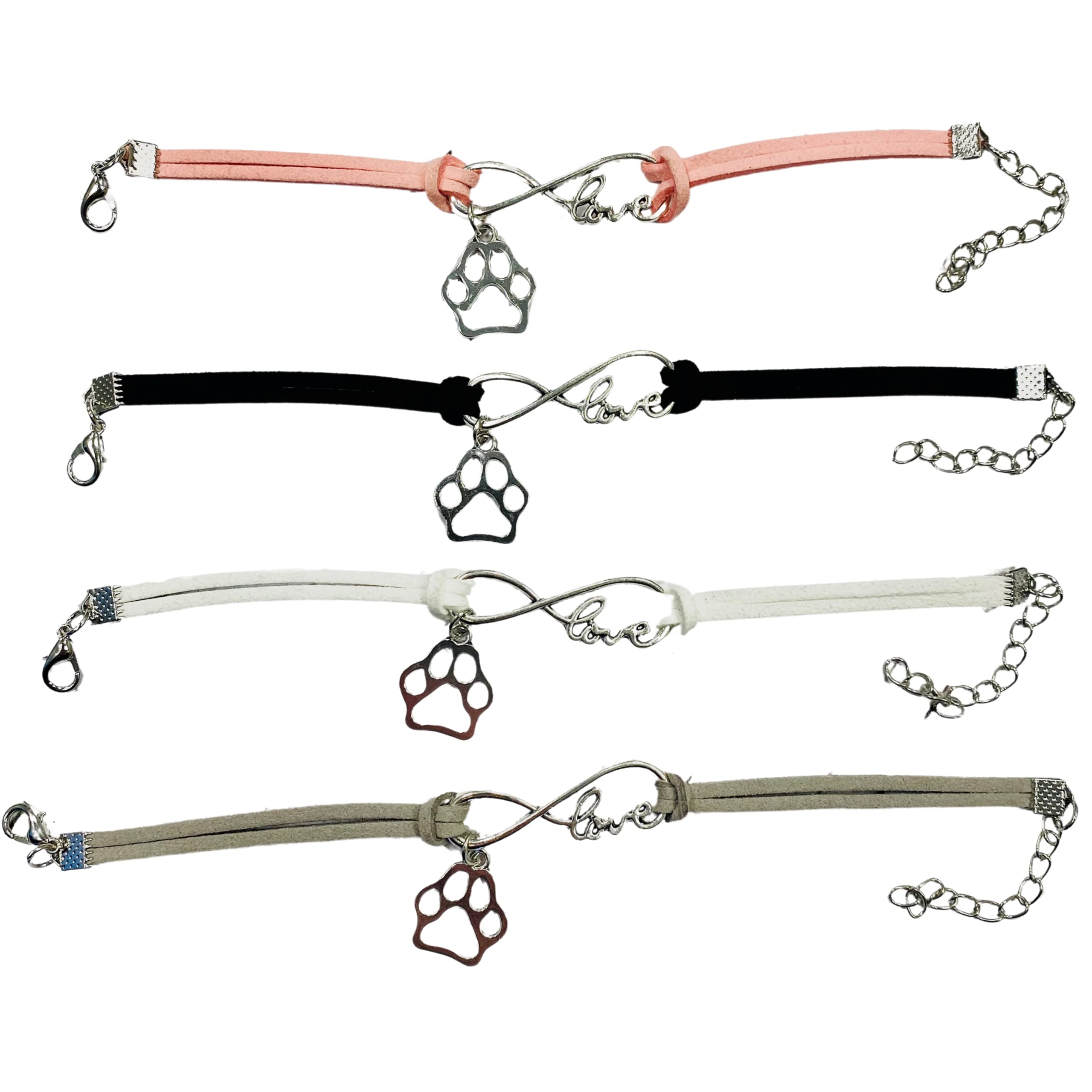 Pops & Coco Love Paw Print Suedette Bracelet Pretty Silver Pink Black White Grey Adjustable Pet Dog Cat (Pink)