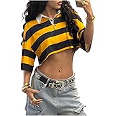 RoseSeek Women's Oversized Striped Crop Tops Short Sleeve Collared T Shirt Preppy Golf Shirts